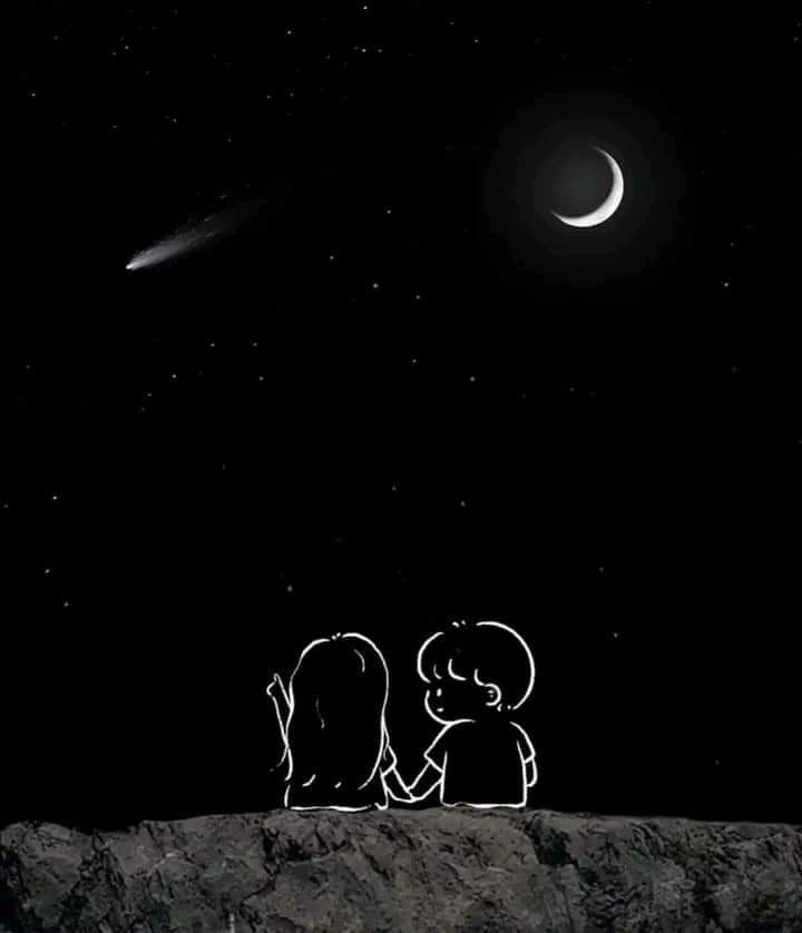 two people sitting on top of a rock under a night sky with the moon in the background