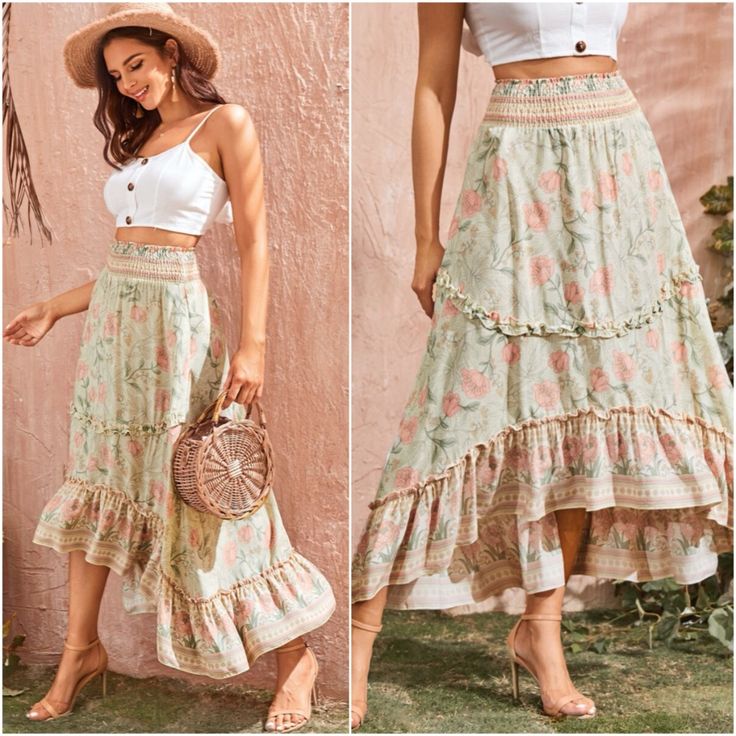 97% Cotton, 3% Spandex Floral Print Ruffle Hem Skirt Pre-Order Long Flowy Skirt, Ruffle Hem Skirt, Tiered Midi Skirt, Dream Style, Pink Pastel, Hem Skirt, Flowy Skirt, Cottage Core, Ruffle Hem