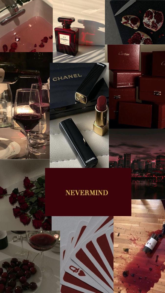 a collage of photos with red wine, lipstick and other items on the table