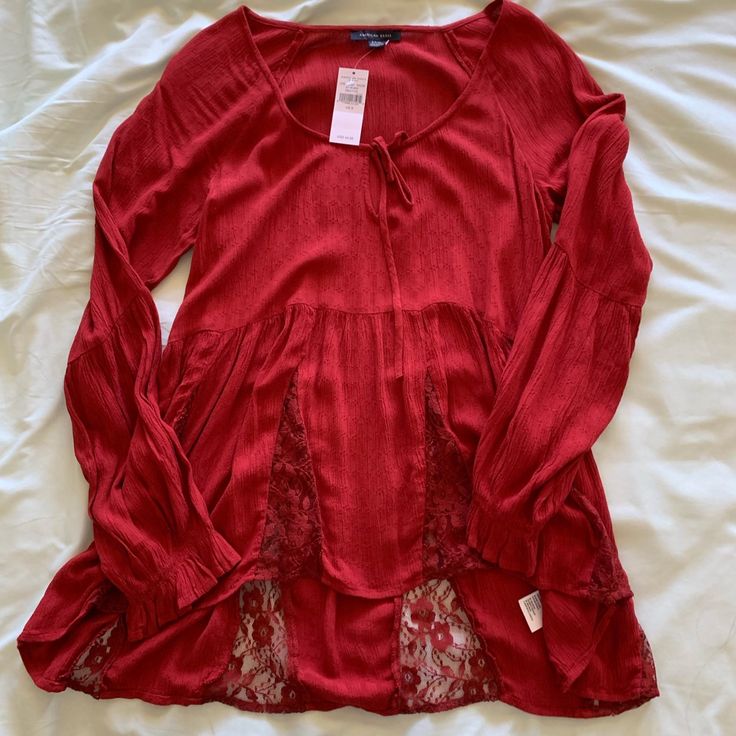 Long Sleeved Blouse By American Eagle Get Ready For Fall With This Cute, New, Blouse With Lace Features On The Bottom Of The Blouse For An Added Flare! Red V-neck Top With Lace Trim, Red Lace Top For Summer, Red Lace Trim Tops For Spring, Red Lace Top For Spring, Light Denim Shirt, Flannel Blouse, Get Ready For Fall, American Eagle Shirt, Boho Crop Tops