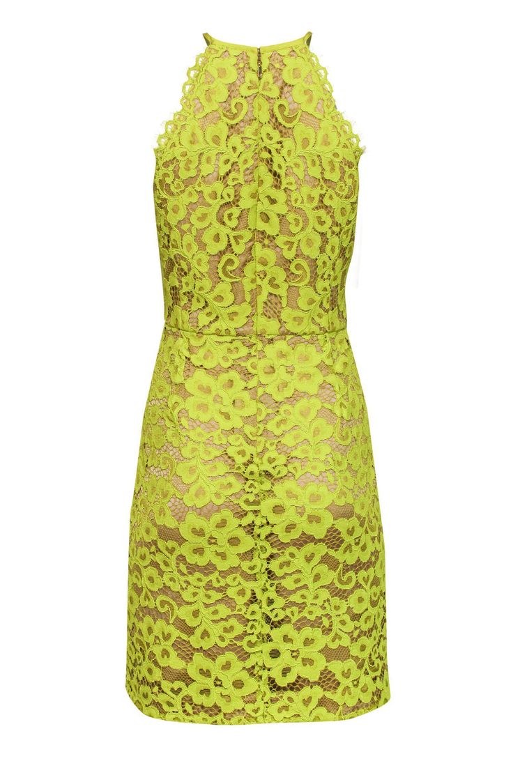 You'll be bright and bold in this dress from Trina Turk! Featuring a neon lace design over a nude lining, this colorful piece is perfect for standing out in the crowd at your next cocktail party. Pair with wedges and a chic clutch to complete the look. Size 10 Shell: 100% Nylon Contrast: 100% Silk Lining: 100% Polyester Concealed back zipper Nude lining Fit and flare silhouette Scoop neckline Sleeveless Neon lace design Bust 36" Waist 32" Shoulder to hem 39" Green Scalloped Lace Dress For Spring, Green Lace Dress With Scalloped Lace For Spring, Spring Green Lace Dress With Scalloped Edges, Green Scalloped Lace Dress For Summer, Green Scalloped Lace Summer Dress, Spring Green Lace Dress With Lace Trim, Party Green Dress With Scalloped Lace, Yellow Lace Party Dress, Green Lace Summer Dress