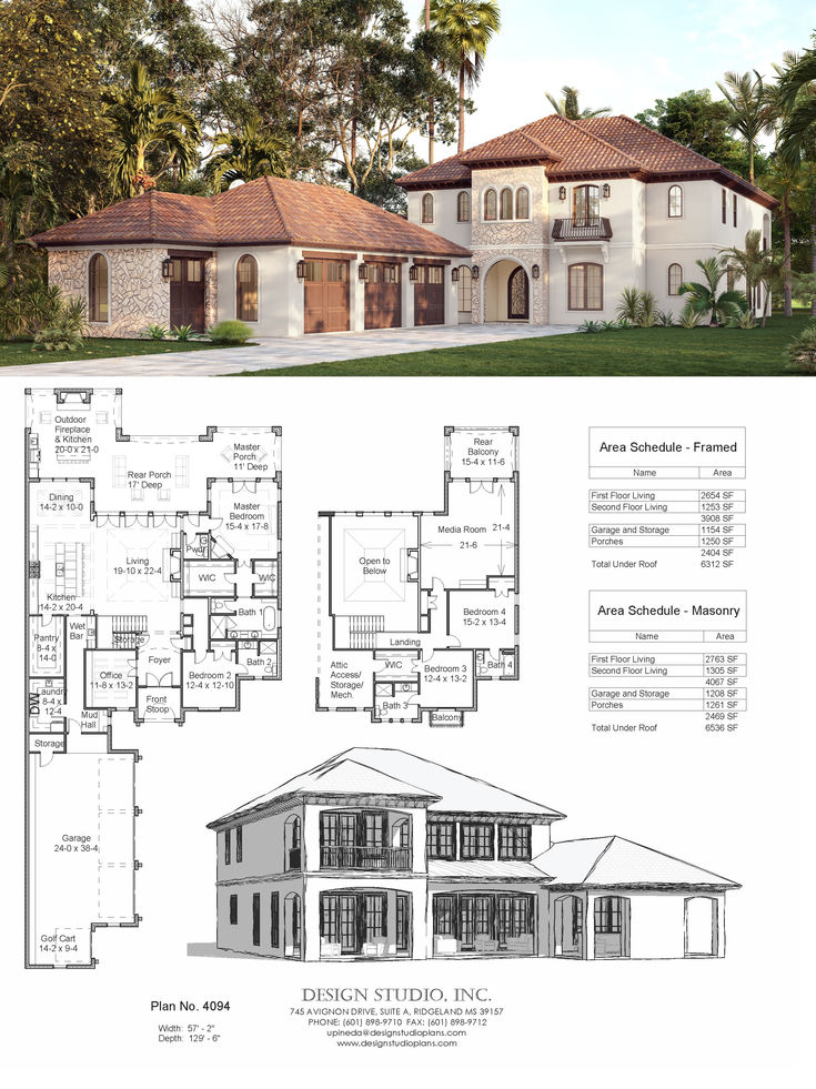 two story house plans with an open floor plan and large front porch, surrounded by palm trees