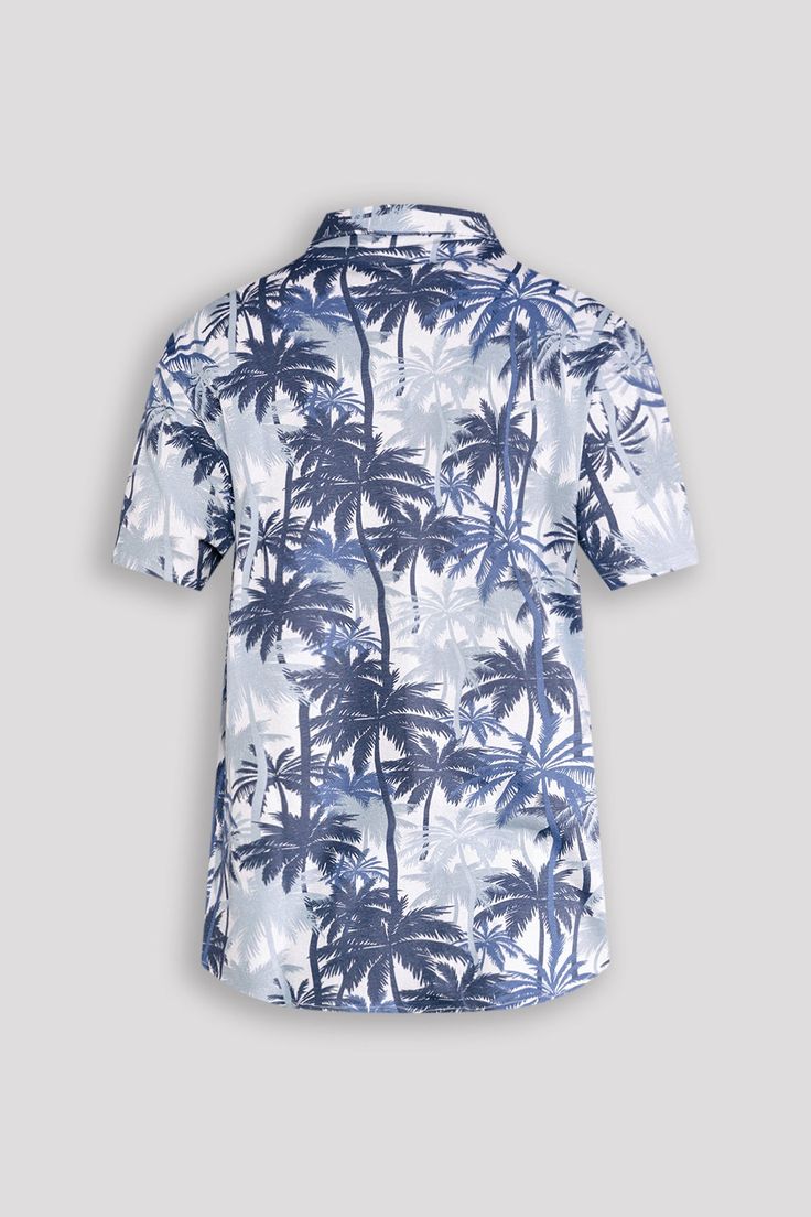 This short-sleeve button-up shirt features a bold and vibrant dense palm tree pattern in shades of blue, providing a cool and eye-catching look. Perfect for any occasion, elevate your style with this tropical-inspired shirt. 95% Cotton 5% Spandex Machine wash cold, Tumble dry low, Wash with like colors, Do not bleach. Imported B4WS713 Size Chart Size S M L XL XXL Chest (inches) 36.5 - 38.5 38.5 - 40.5 40.5 - 42.5 42.5 - 44.5 44.5 - 46.5 Measurement GuidelinesChest: Measure under your arms at the Blue Camp Shirt With All Over Print, Blue Shirt With All Over Print For Vacation, Blue Vacation Shirt With All Over Print, Blue All Over Print Camp Shirt For Beach, Vacation Blue Shirt With All Over Print, Blue All Over Print Vacation Shirt, Blue Collared Camp Shirt With All Over Print, Collared Blue Short Sleeve Shirt For Vacation, Blue Short Sleeve Shirt With Floral Print For Vacation