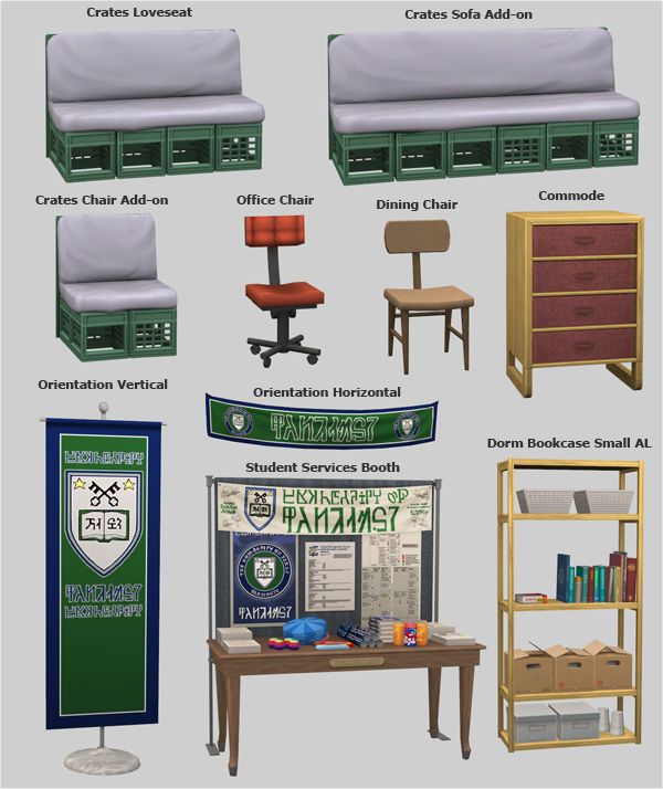 several different types of office furniture with labels on the front and side panels above them