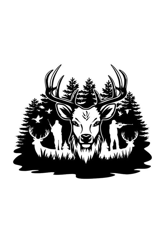 the head of a deer with horns and trees on it's back is shown