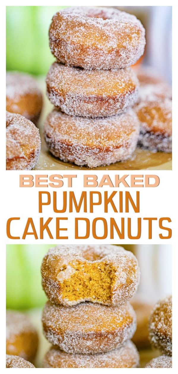 the best baked pumpkin cake donuts are stacked on top of each other and ready to be eaten