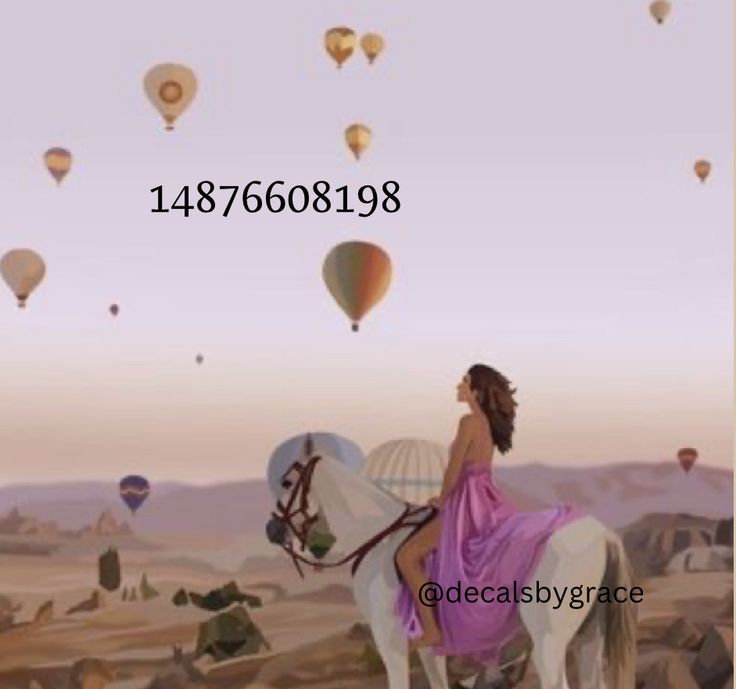 a woman riding on the back of a white horse in front of hot air balloons