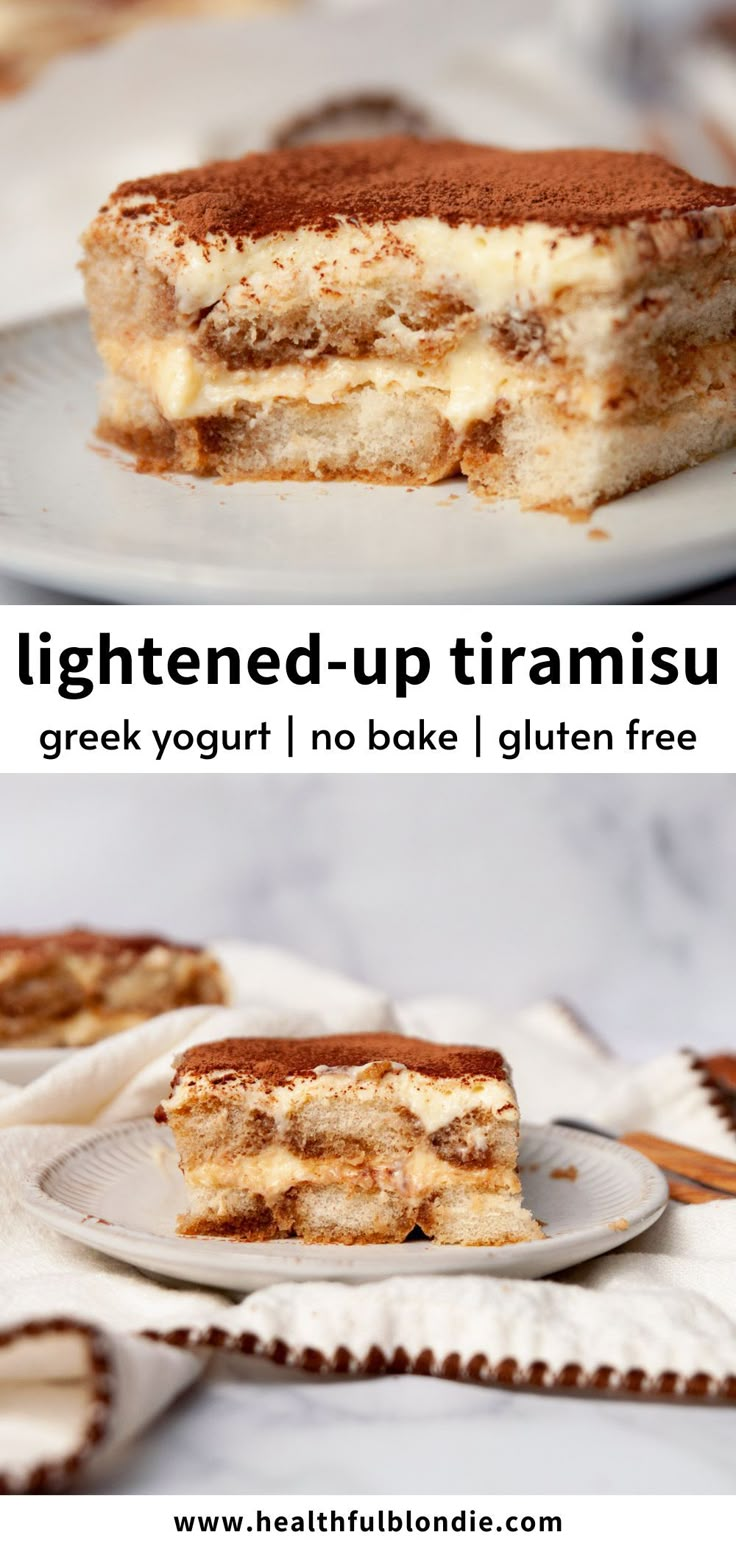 Healthy Tiramisu (Gluten-Free + Greek Yogurt) Greek Desserts Easy Gluten Free, Healthy Trifle Desserts, Maya Camille Recipes, Healthy Tirimasu, Tiramisu Recipe Healthy, Dinner Ideas With Greek Yogurt, Easy Desserts With Yogurt, Greek Yogurt Custard, Gf Tiramisu Recipe