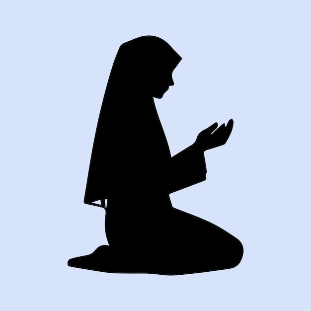 the silhouette of a woman kneeling down with her hands clasped to her chest, in front of a light blue background