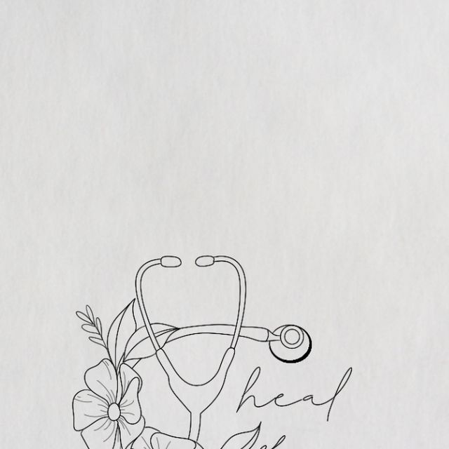 a black and white drawing of flowers with a stethoscope