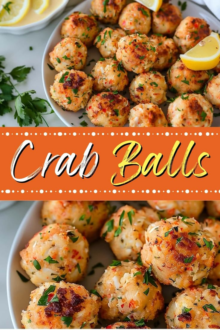 crab balls with lemon wedges and parsley on the side