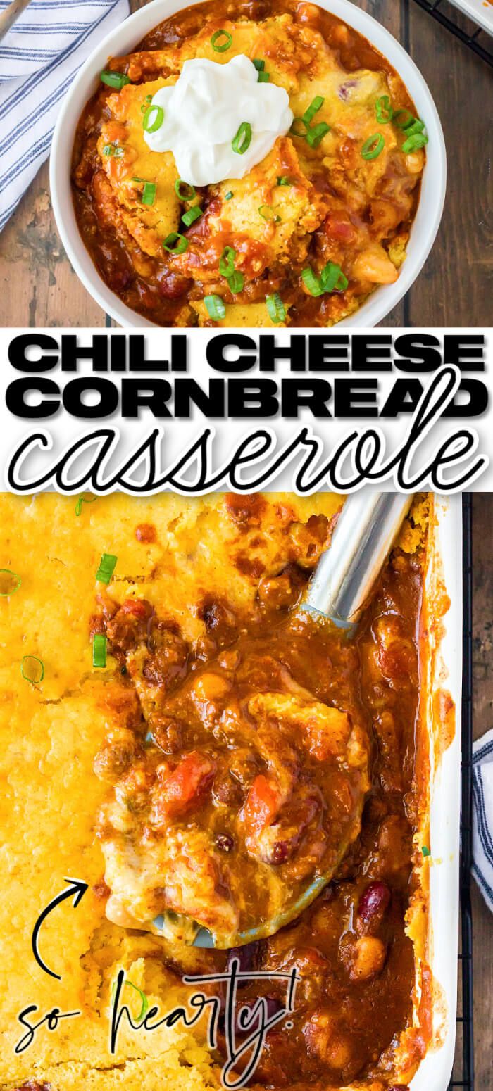 two photos with the words chili cheese cornbread casserole on top and bottom