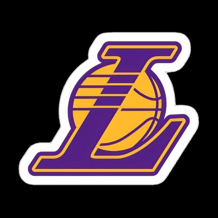 the los lakers logo is shown in purple and gold, with an orange basketball on it