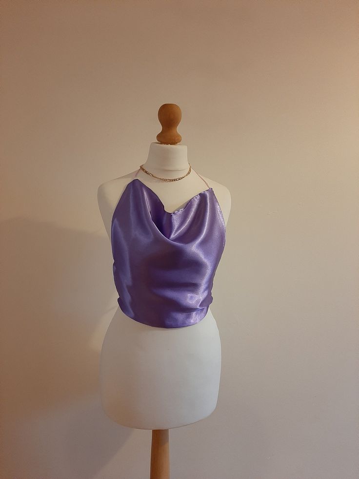 A cowl neck top designed and hand made in Ireland. Made to fit women UK size 6-7. :)  perfect for a glamorous night out! Fitted Cowl Neck Party Top, Sleeveless Fitted Crop Top For Party, Fitted Cowl Neck Camisole For Night Out, Fitted Cowl Neck Top For Party, Summer Party Tops With Cowl Neck, Spring Party Tops With Cowl Neck, Spring Party Cowl Neck Top, Chic Satin Halter Top For Party, Chic Party Satin Halter Top