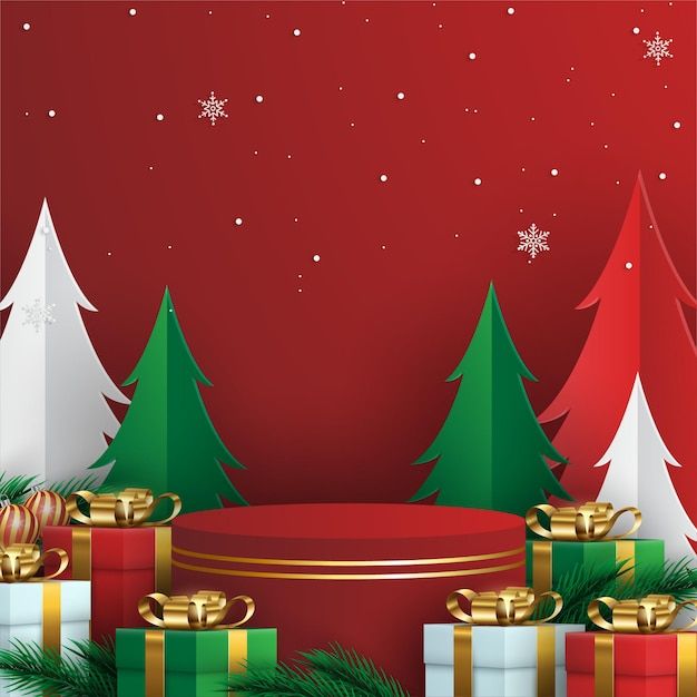 christmas trees and presents on a red background