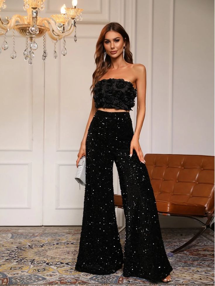 Party Outfit Night, Party Outfit Night Club, Black Sequin Pants, Black Sequin Jumpsuit, Sequin Pant, Party Outfits Night, Outfit Night, Sequin Pants, Sequin Jumpsuit