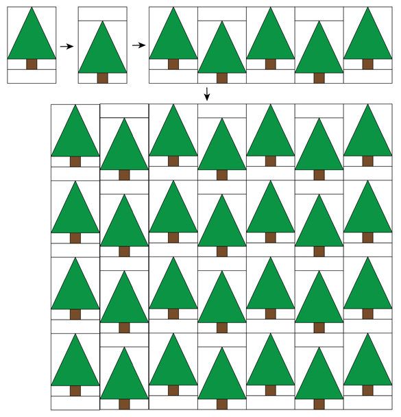 the christmas tree pattern is shown in green and brown, as well as two rows of trees