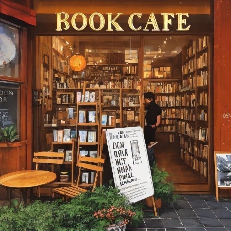 a man standing in the doorway of a book cafe