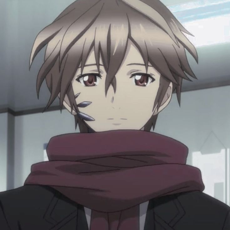 an anime character with short hair and brown eyes wearing a scarf around his neck looking at the camera