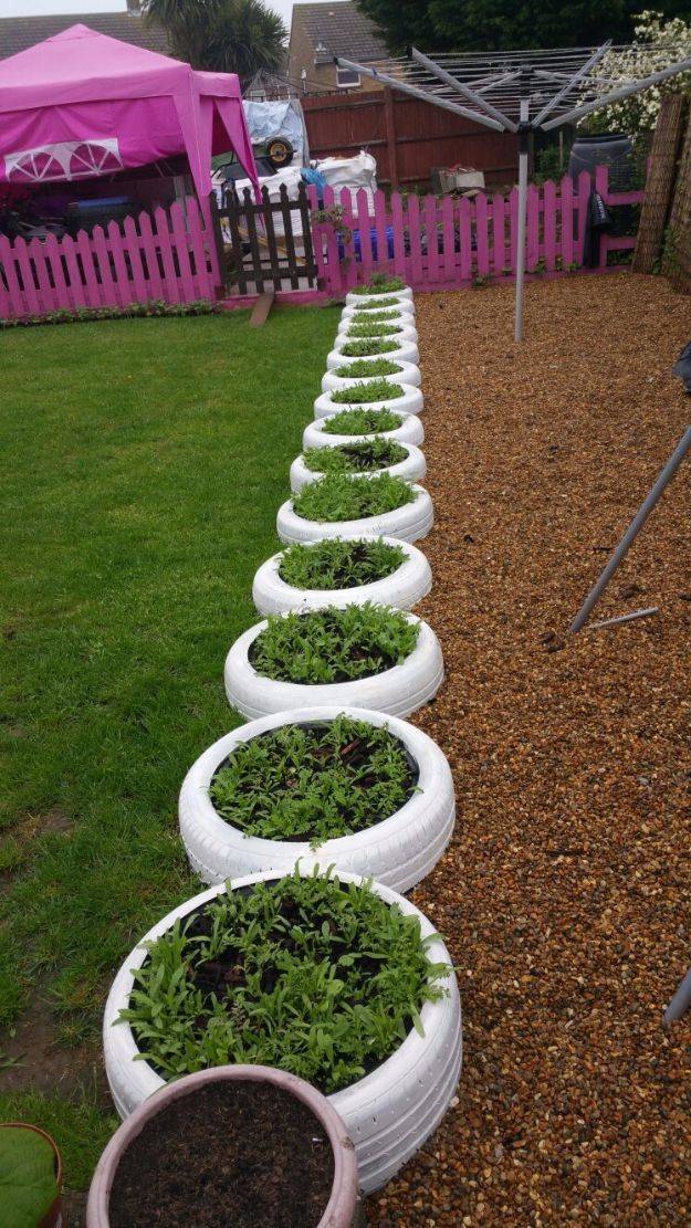 a row of white tire planters filled with plants