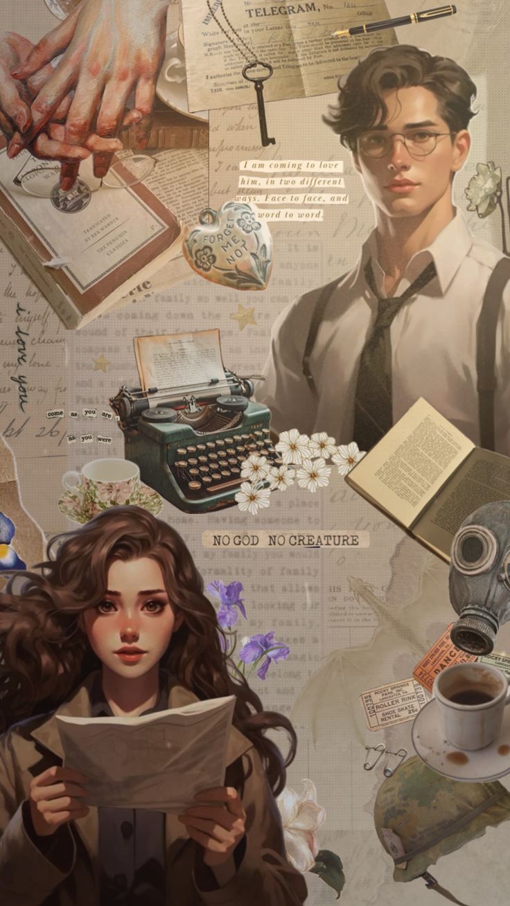 a collage of images with coffee, books and other things on it that include an old - fashioned typewriter