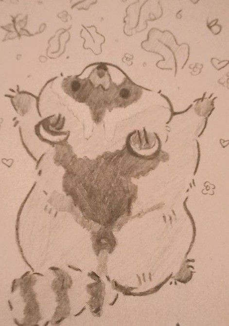 a drawing of a raccoon sitting on its hind legs with hearts around it