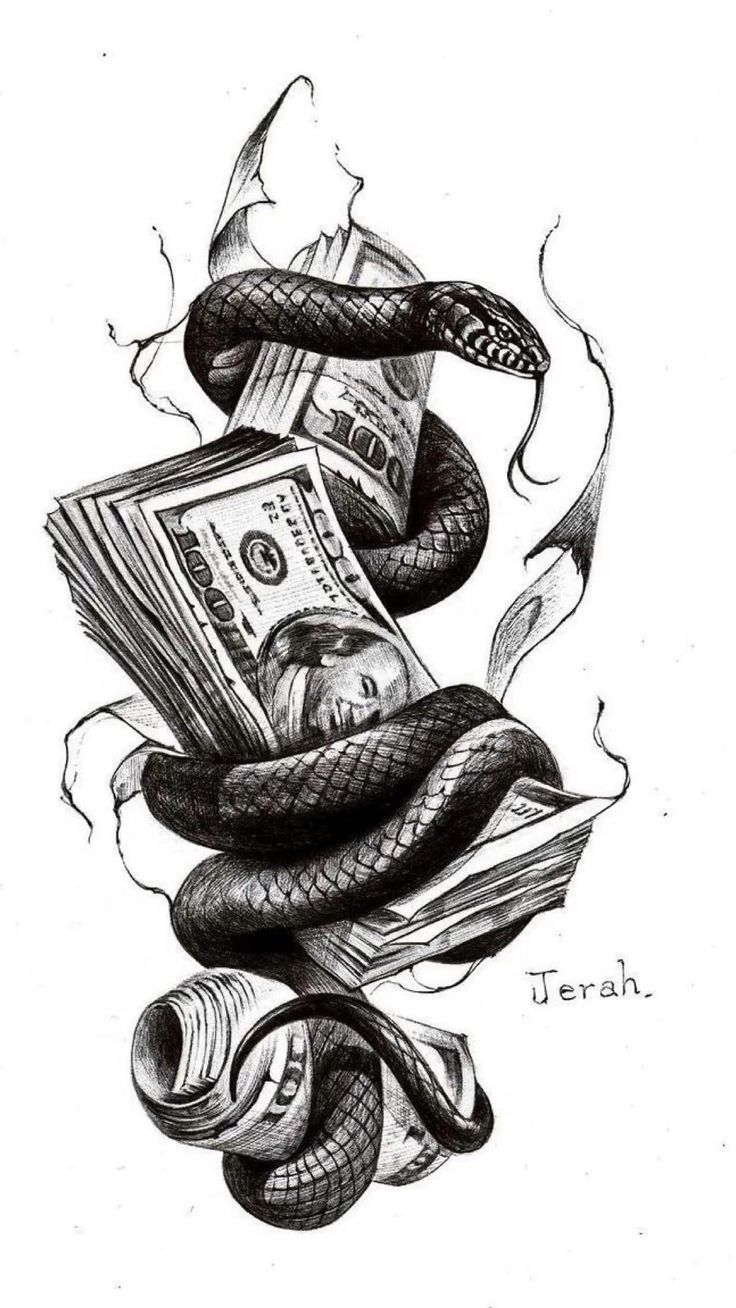 a drawing of money and snake wrapped around it