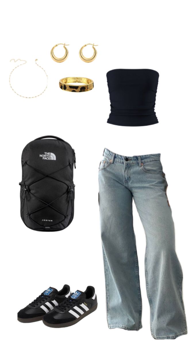 outfit, inspo, black, jeans, low rise jeans, tube top, sambas, black sambas, gold, jewelry, north face backpack, light wash, earrings, necklace, bracelet Black Low Rise Jeans Outfit, Outfit Inspo Black Jeans, Outfit With Tube Top, Jeans Tube Top, Black Tube Top Outfit, Sambas Black, Tube Top And Jeans, Black Sambas, Low Rise Jeans Outfit