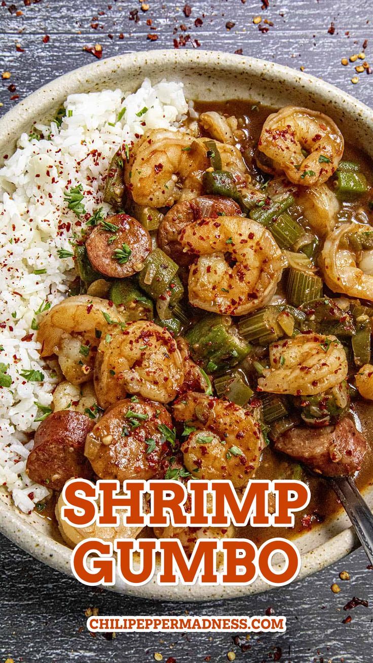 Shrimp Gumbo served in a bowl Shrimp Gumbo Recipe Easy, Shrimp And Chicken Gumbo, Gumbo Recipe Okra, Shrimp Gumbo Recipe, Andouille Sausage Gumbo, Gumbo Recipe Easy, Shrimp And Sausage Gumbo, Gumbo Recipe Sausage, Seafood Gumbo Recipe