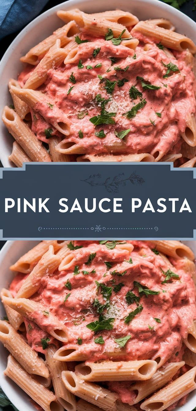 pink sauce pasta in a white bowl with parsley on top and the words pink sauce pasta above it