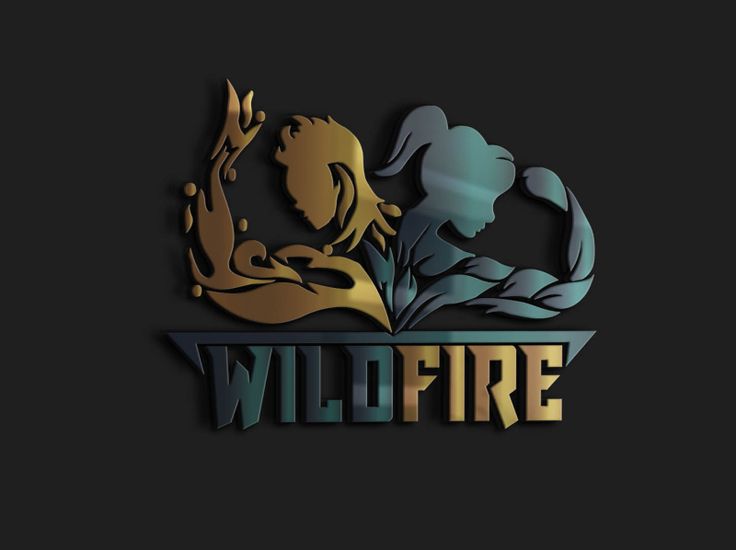 the logo design for wildfire is shown in gold and silver on a black background