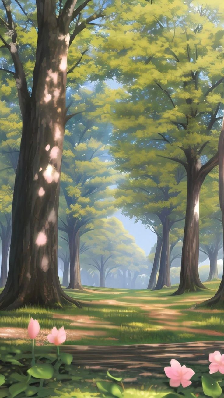 a painting of trees and flowers in a park