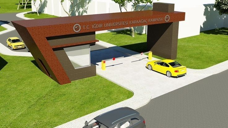 an artist's rendering of a yellow car parked in front of the entrance to a building