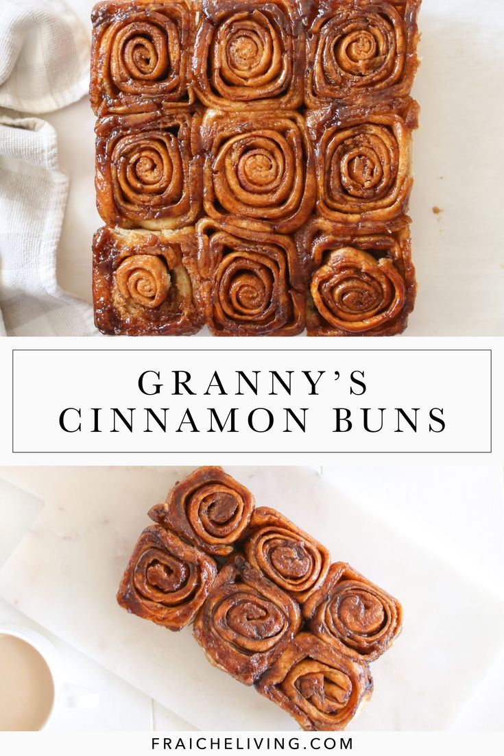 some cinnamon buns sitting on top of a cutting board with the words granny's cinnamon buns