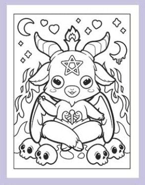 a coloring page with an image of a demon sitting on the ground, surrounded by skulls and