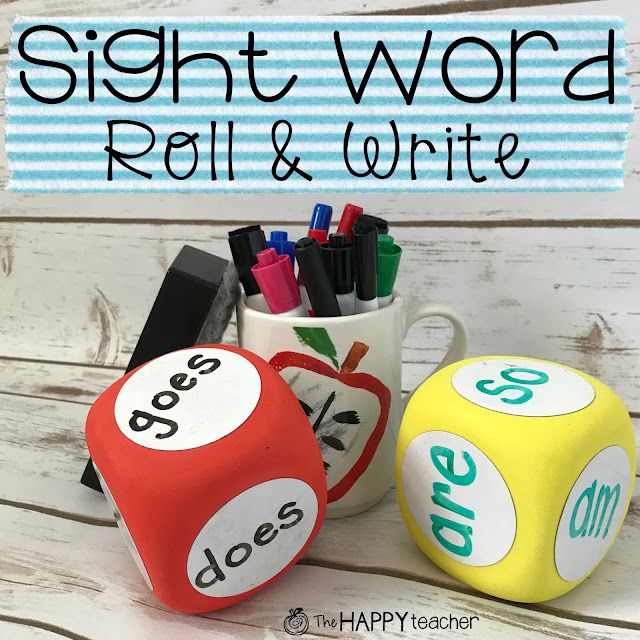 two colorful dices sitting next to each other with the words sight word, roll and write on them