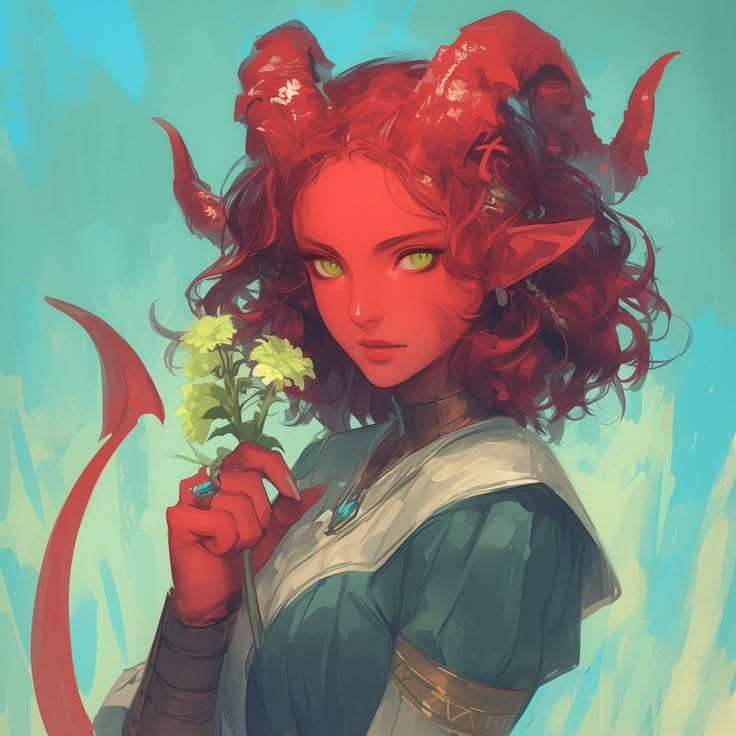 a woman with red hair and horns holding a flower in her hand, looking at the camera