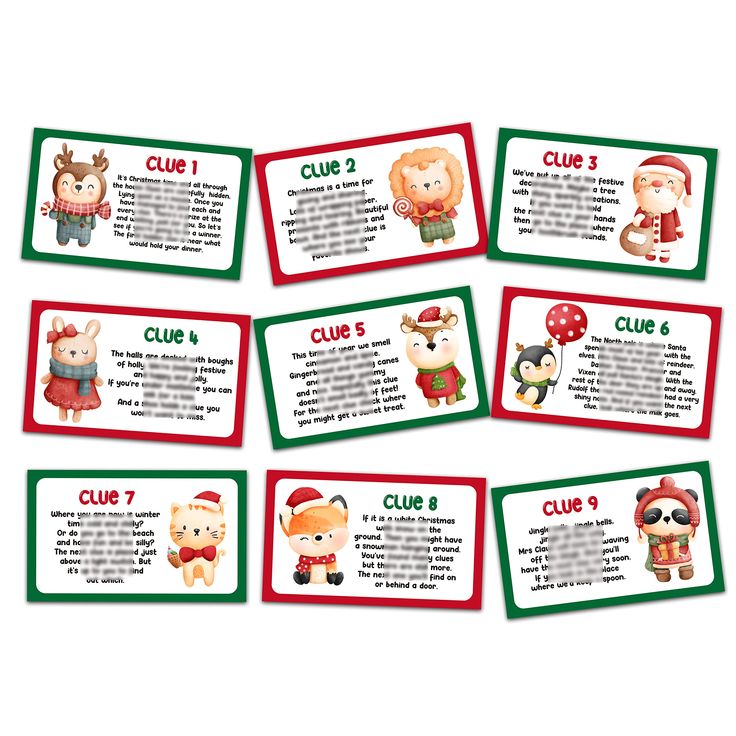 six christmas themed reward cards with animals on them