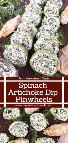 spinach artichoke dip pinwheels on a table with text overlay