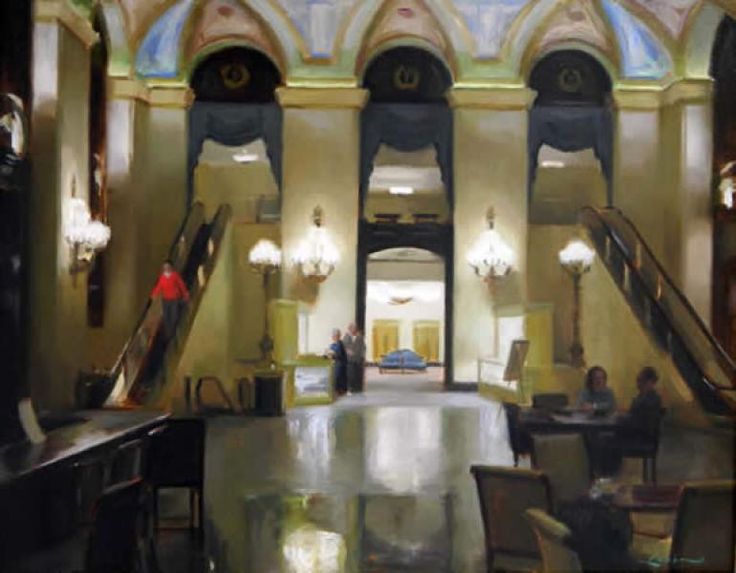 an oil painting of a lobby with people sitting at tables and two escalators