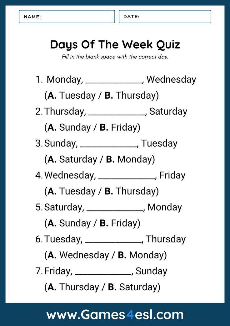 the days of the week quiz is shown in blue and white with black lettering on it