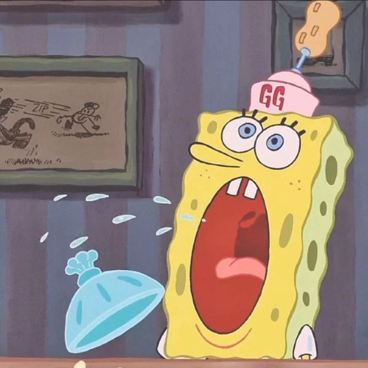 an animated spongebob character with his mouth open and tongue out in front of him