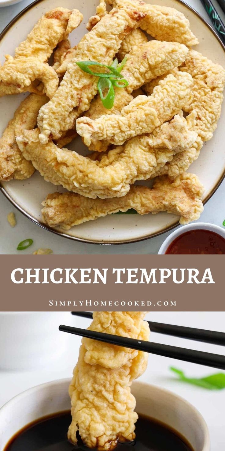 chicken tempura on a plate with chopsticks and sauce in the bowl