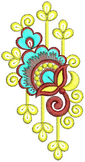 an embroidery design with flowers and swirls on the side, in yellow and blue