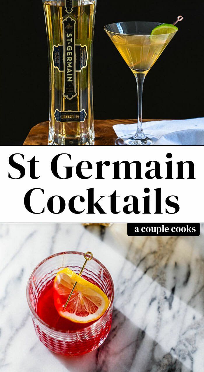 two glasses filled with different types of cocktails and the words st germain cocktails