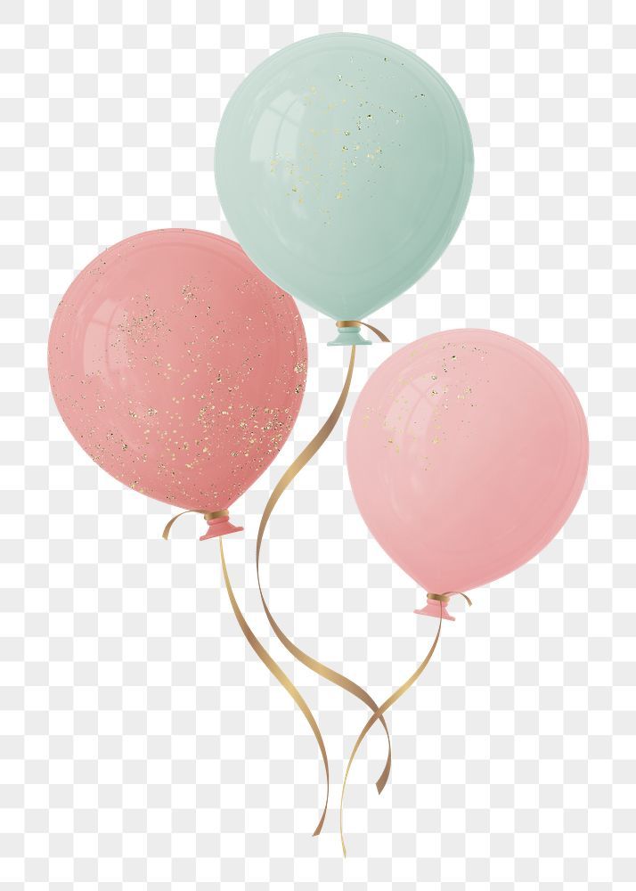 three balloons are flying in the air with gold confetti on each balloon, hd png