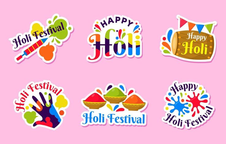 colorful stickers for holi festival with happy holi lettering on pink background illustration