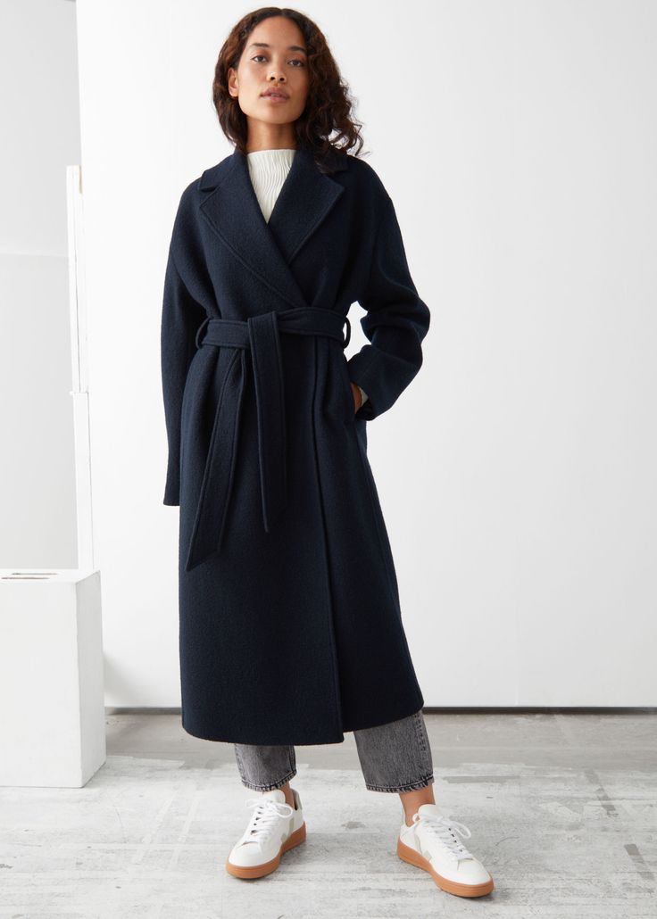 Other Stories Wool Coat, Navy Wrap Coat, Navy Blue Wool Coat Outfit, Navy Long Wool Coat, Navy Wool Coat Outfit, Belted Coat Outfit, Long Wool Coat Outfit, Wrap Coat Outfit, Wool Coat Outfits