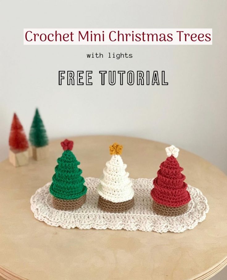 crochet mini christmas trees on a doily with text overlay that reads, crochet mini christmas trees with 11 lights free pattern