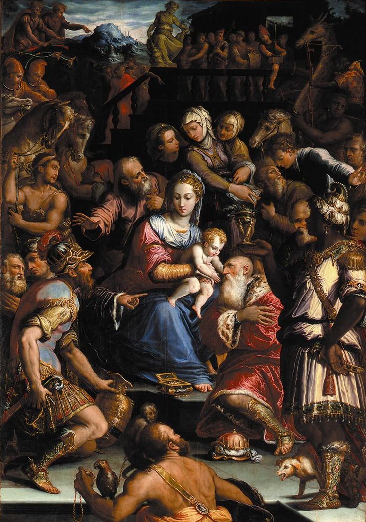 an image of a painting with many people around it and one woman holding a child